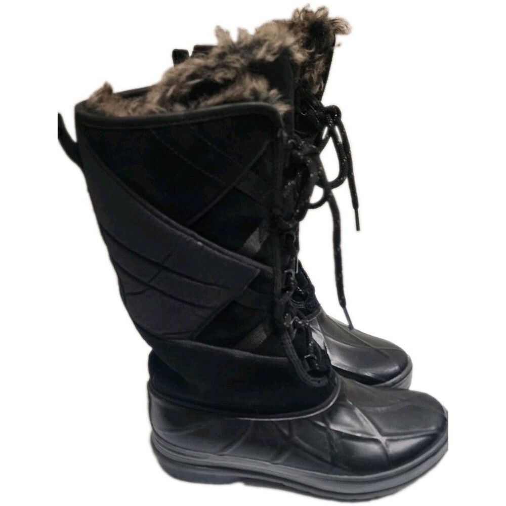 Clarks Outdoor Winter Boots Woman's 8.5 Faux Fur Black Tall Lace Up Duck Boot